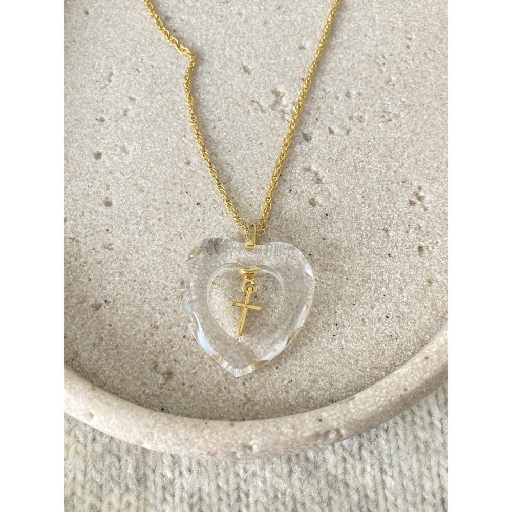 Vintage Clear Puffy Heart Pendant Necklace Gold Tone Cross Charm Religious